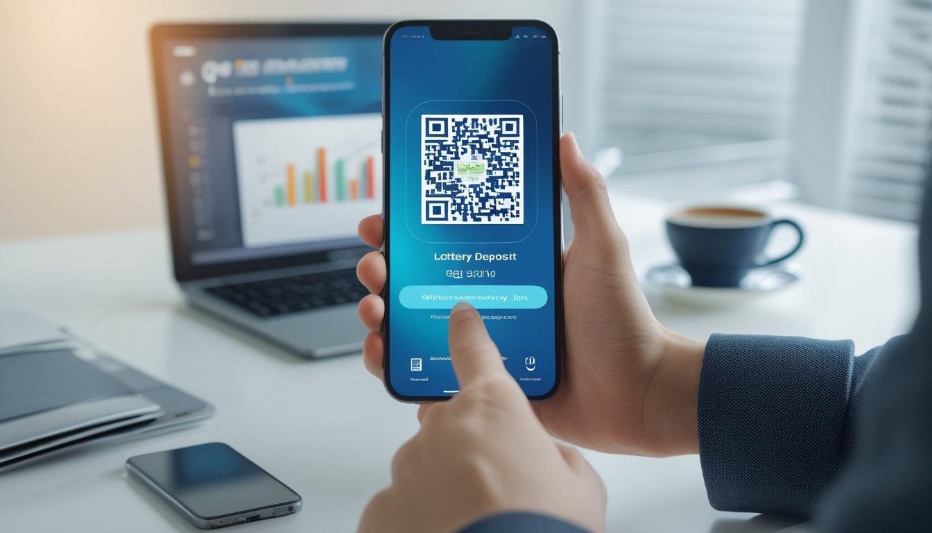 Tangan memegang smartphone yang menampilkan kode QR di layar dengan latar belakang meja kerja modern dan peralatan teknologi.