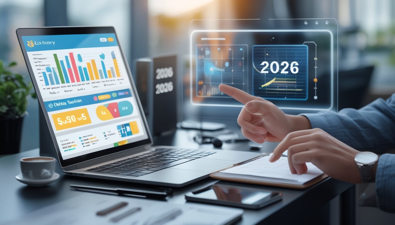 Meja kerja dengan perangkat digital menampilkan grafik dan pola angka, tangan seseorang sedang menganalisis data, suasana fokus dan produktif.