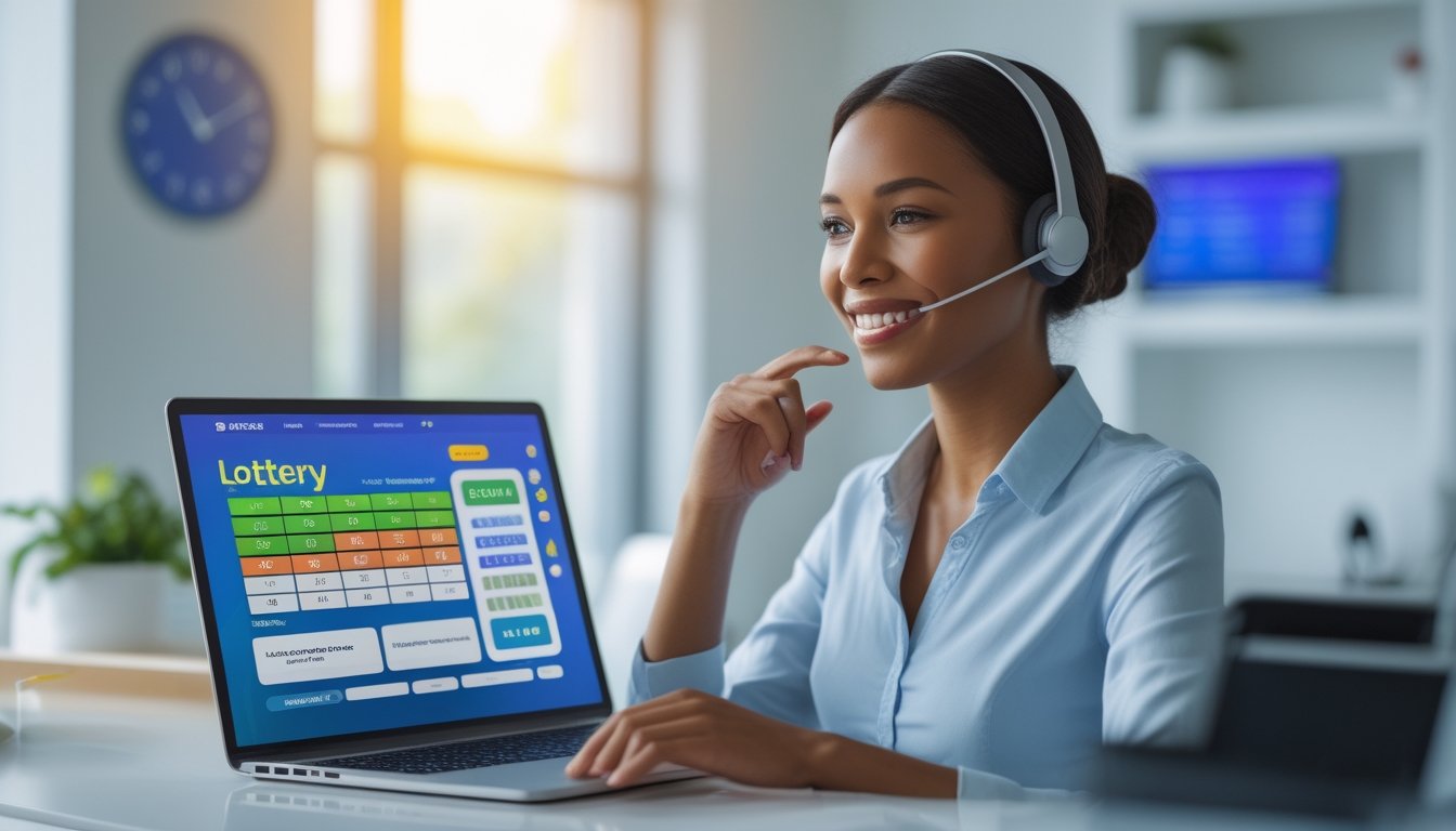Seorang perwakilan layanan pelanggan dengan headset sedang bekerja di depan laptop yang menampilkan antarmuka situs togel online, di ruang kerja modern dengan pencahayaan alami.