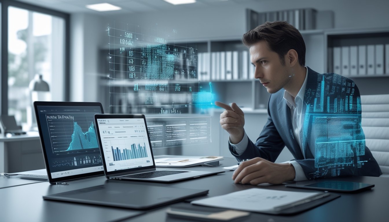 Seorang profesional sedang menganalisis data angka dengan perangkat digital di ruang kantor yang rapi dan terang.
