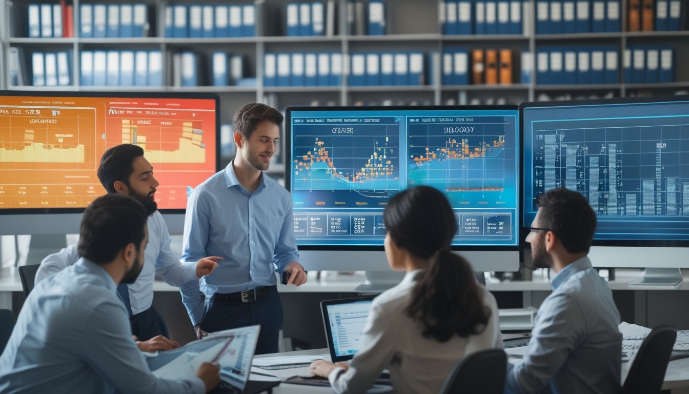 Beberapa profesional sedang menganalisis data numerik historis di kantor dengan layar komputer dan arsip di latar belakang.