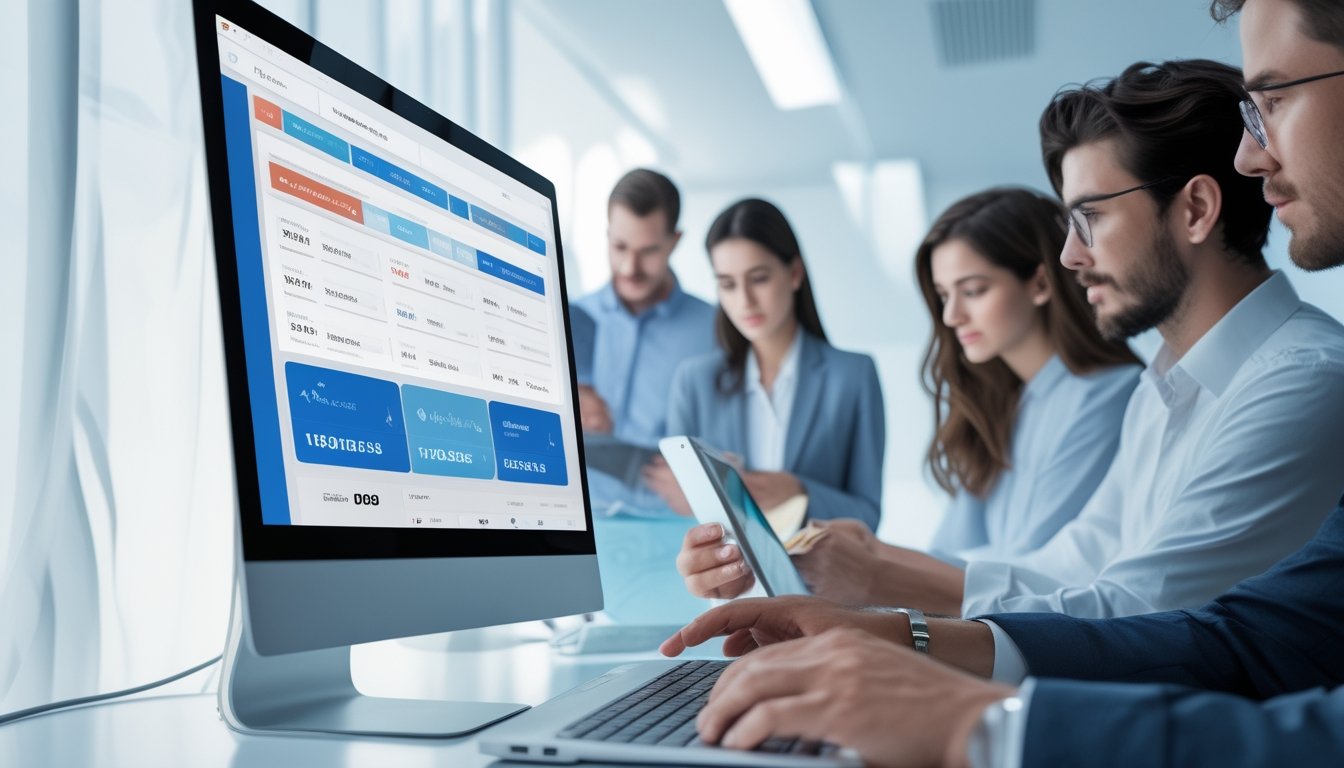 Beberapa profesional sedang menggunakan perangkat digital di kantor modern dengan layar menampilkan hasil togel secara langsung dan data transparan.
