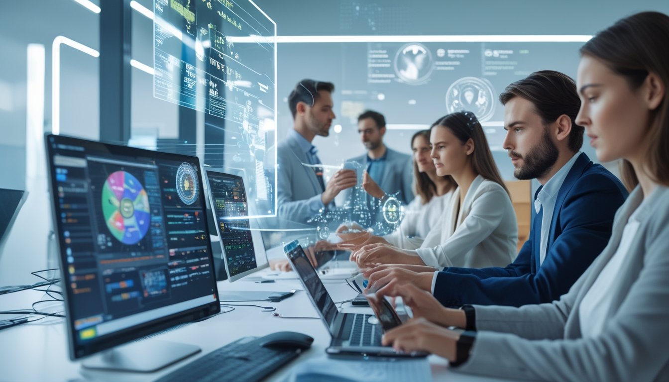 Beberapa orang sedang menganalisis data statistik pada layar komputer di ruang kerja modern.