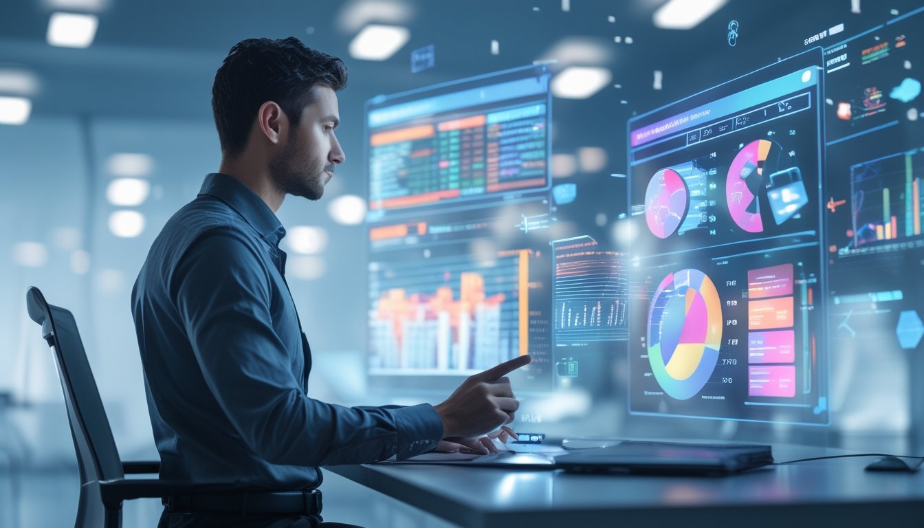 Seorang pria sedang menganalisis grafik dan data digital pada layar transparan di ruang kerja modern yang futuristik.