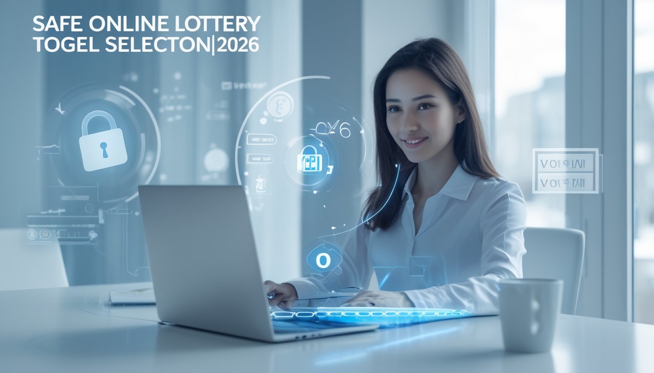 Seorang dewasa muda menggunakan laptop di meja dengan latar belakang ikon pembayaran digital dan simbol keamanan transaksi.