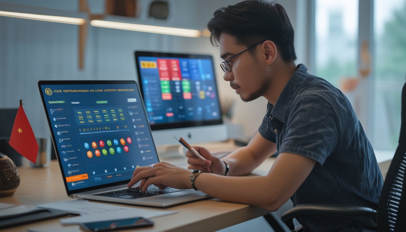 Seseorang sedang bekerja dengan laptop di meja kerja yang rapi, menampilkan antarmuka lotere online dengan elemen budaya Indonesia di sekitar.