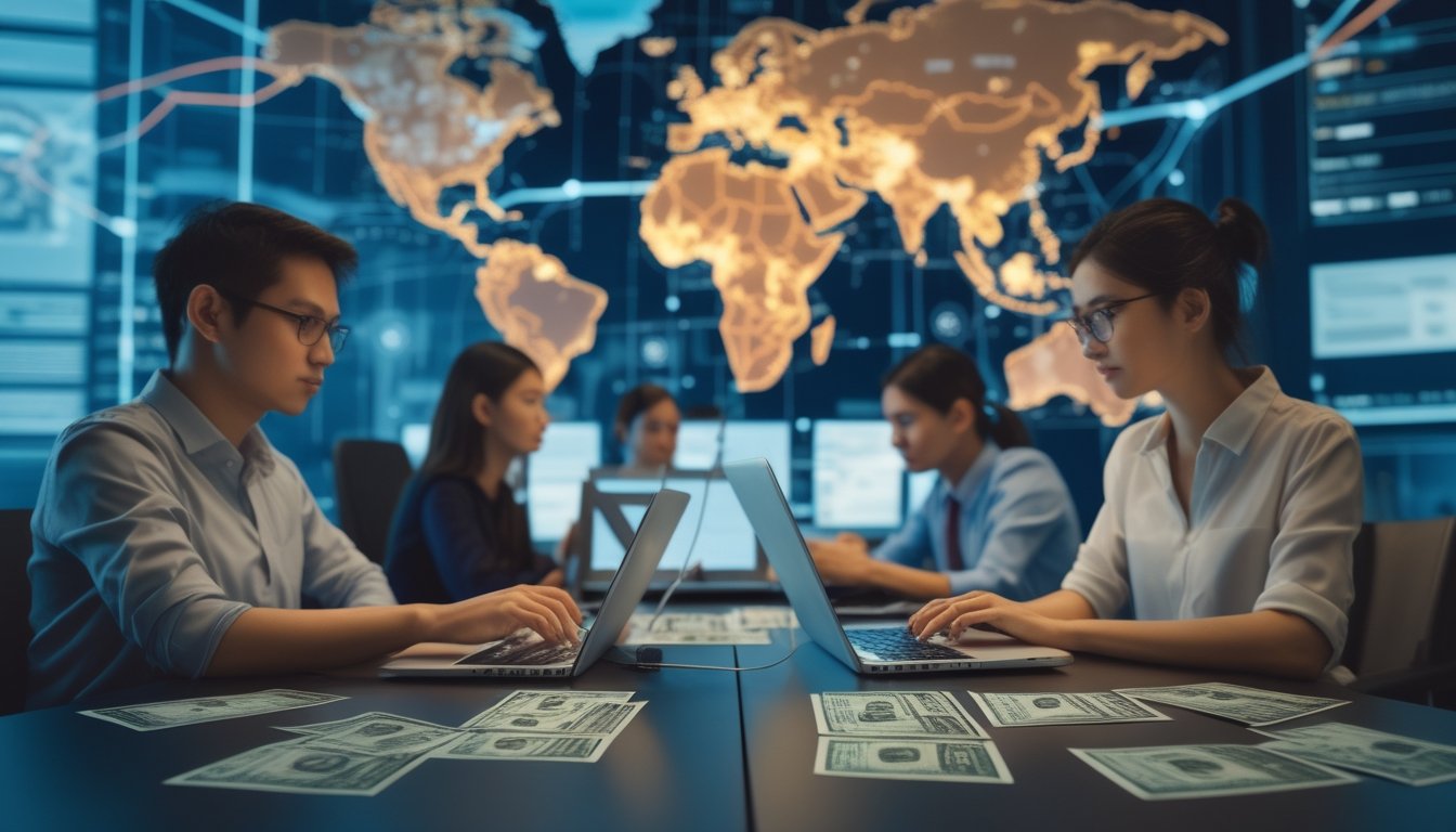 Sekelompok orang yang serius menggunakan laptop dan ponsel di kantor modern dengan peta dunia dan grafik digital di latar belakang.