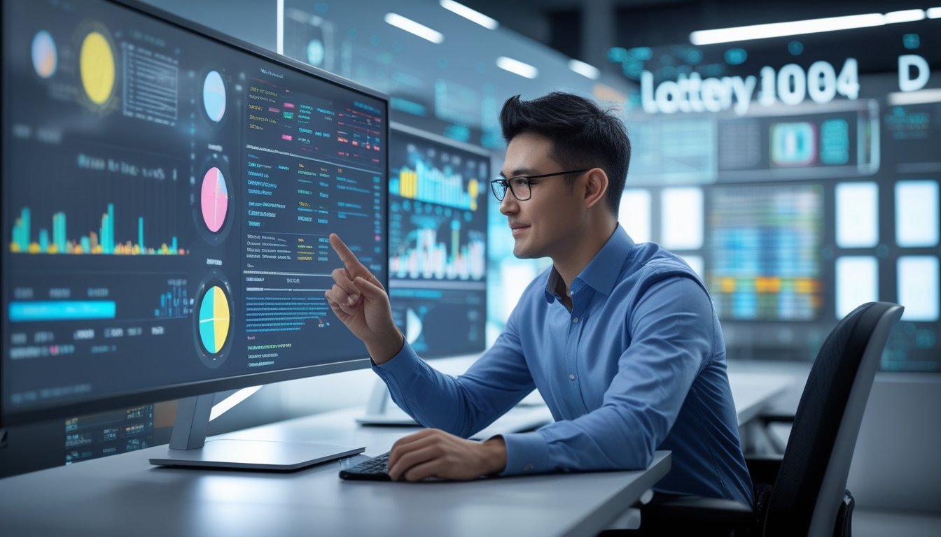 Seseorang sedang menganalisis data statistik angka togel online di depan beberapa layar komputer dengan grafik dan angka.