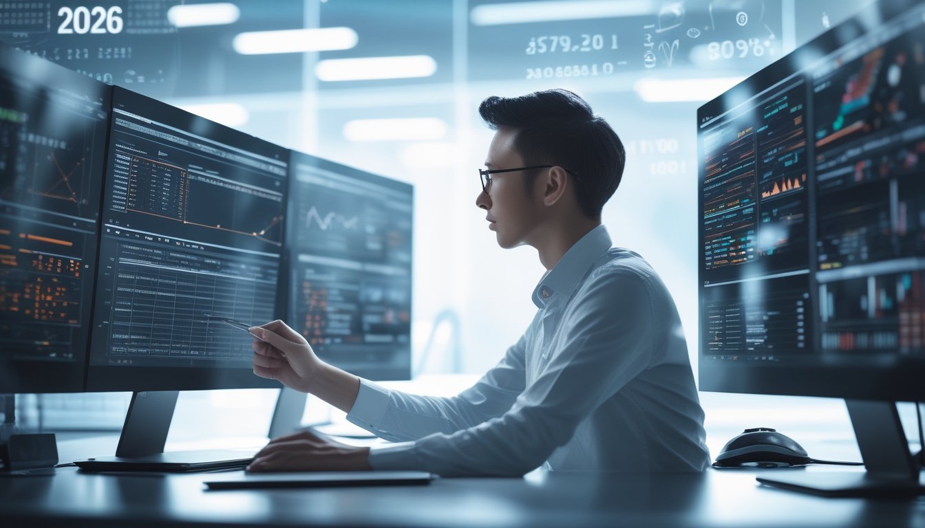 Seorang profesional sedang menganalisis data statistik pada beberapa monitor komputer di meja kerja modern.