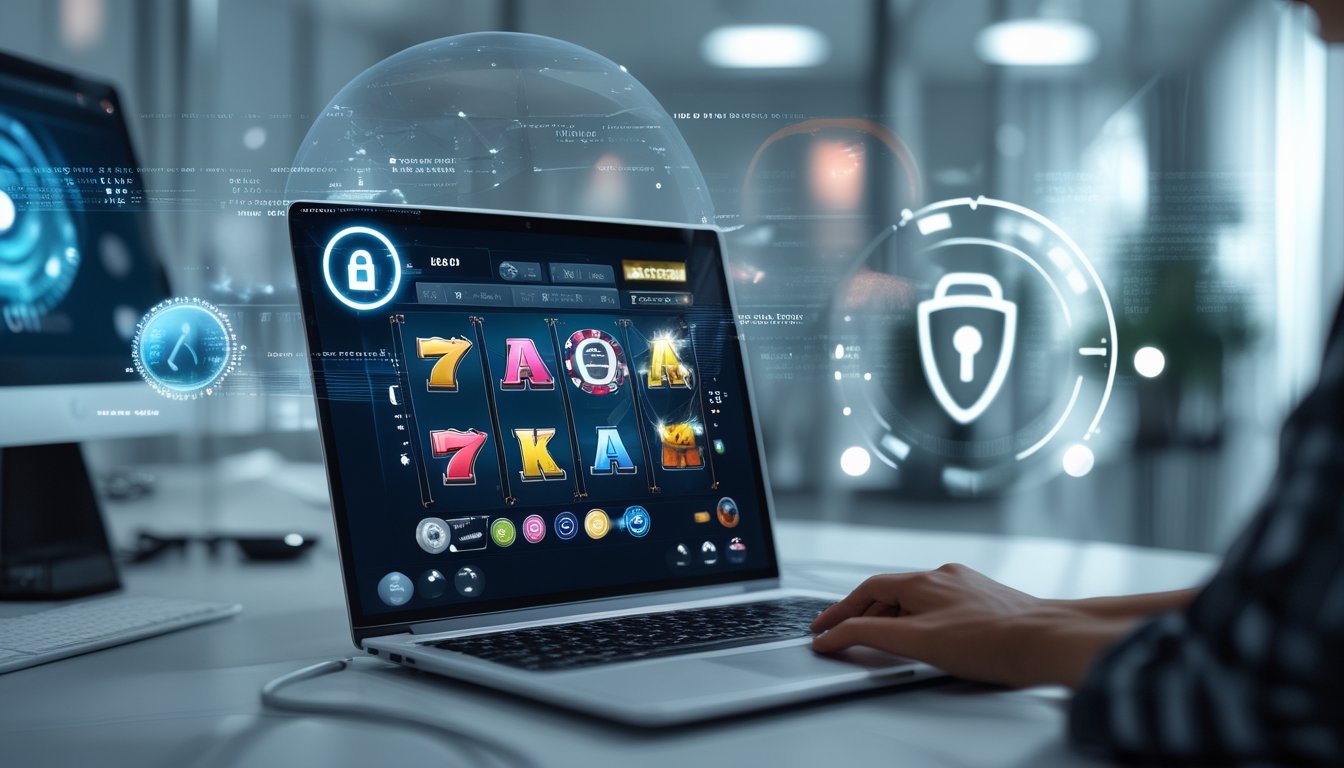 Seorang pengguna bermain slot online di komputer dengan ikon keamanan digital di sekitar layar, menunjukkan sistem keamanan data terenkripsi.