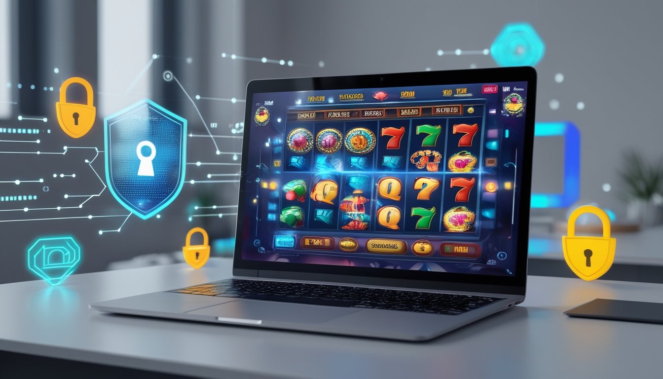 Seorang pengguna bermain slot online di komputer dengan simbol mesin slot berwarna-warni dan ikon keamanan digital di latar belakang.