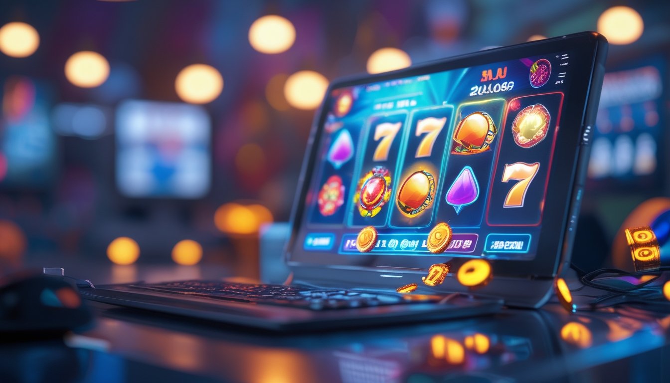 Layar perangkat digital menampilkan grafik permainan slot online berwarna-warni dengan ikon buah dan permata, dikelilingi elemen budaya Indonesia di ruang kerja modern.