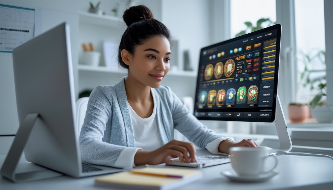 Seorang wanita muda duduk di meja kerja dengan laptop dan monitor menampilkan permainan slot online, terlihat fokus dan tenang di ruang kerja modern.