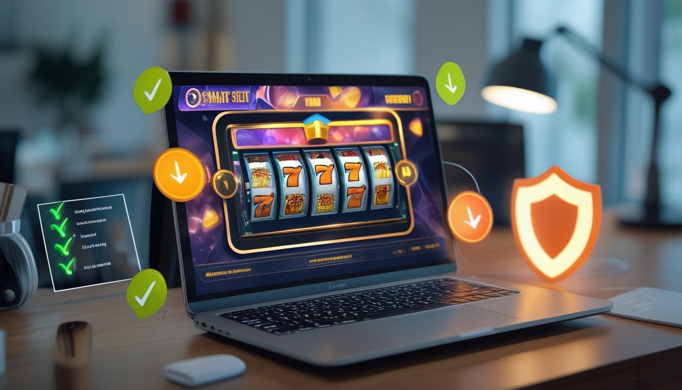 Seorang profesional sedang bekerja dengan laptop yang menampilkan permainan slot online di meja kerja yang rapi, dikelilingi oleh simbol keamanan dan tanda centang sebagai tanda kepercayaan.