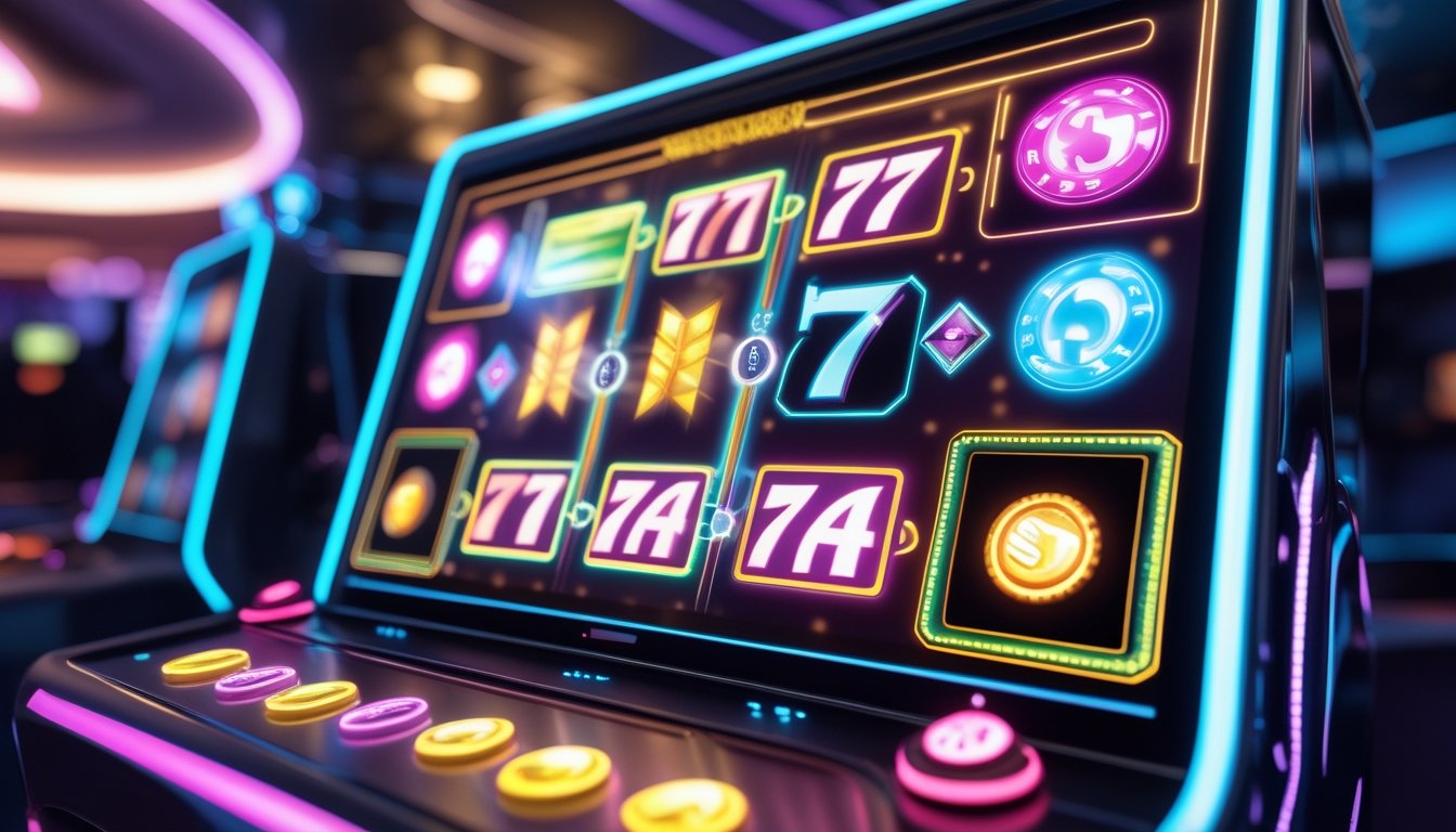 Mesin slot digital modern dengan gulungan berwarna cerah dan ikon bonus progresif dalam suasana kasino futuristik.