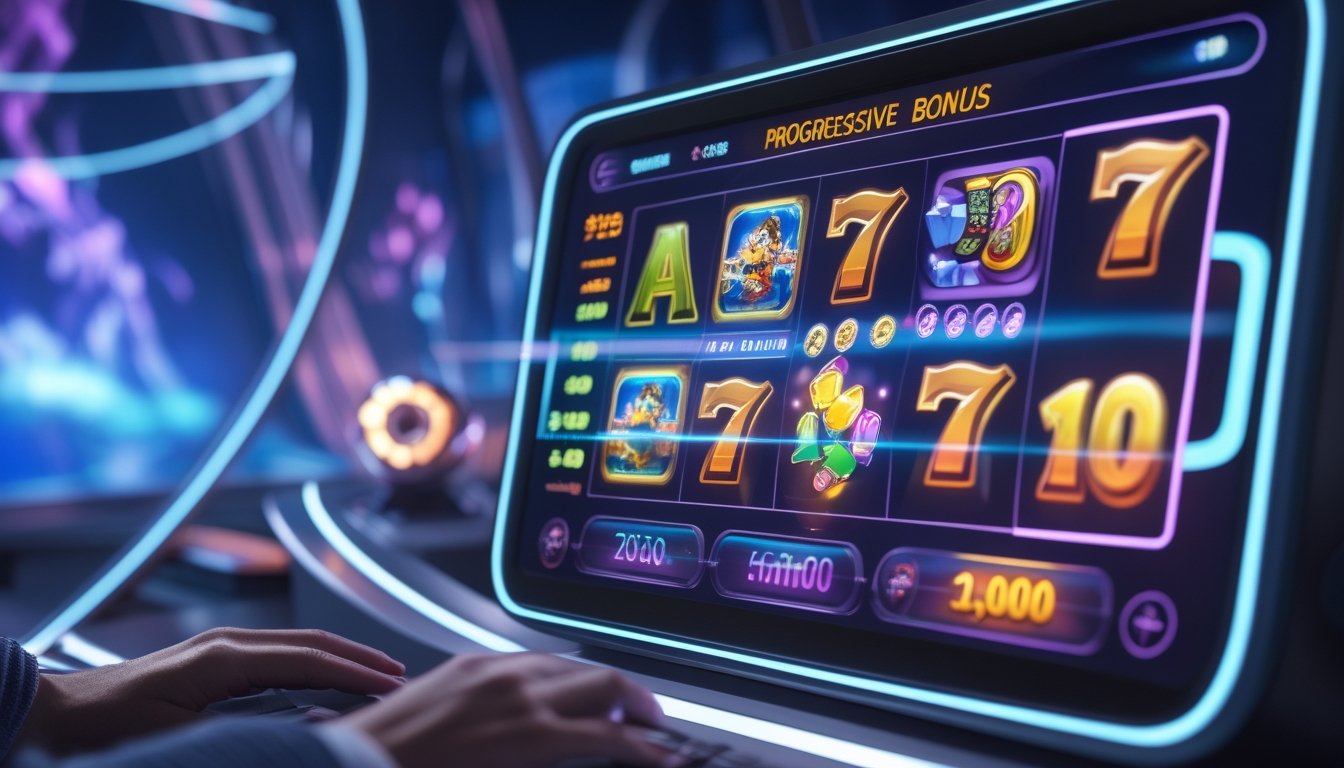 Tampilan mesin slot digital modern dengan grafik berwarna-warni dan efek cahaya yang menonjolkan fitur bonus progresif.