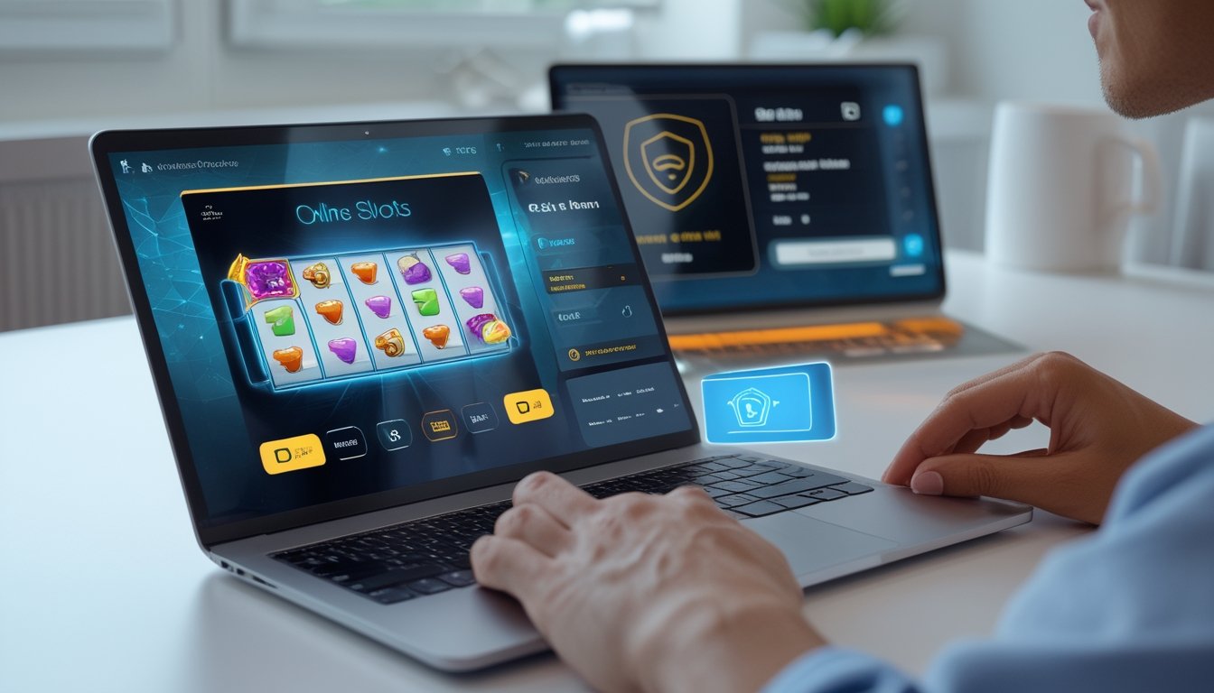 Seseorang menggunakan laptop dan smartphone untuk bermain slot online dengan metode deposit e-wallet di ruang tamu yang nyaman.