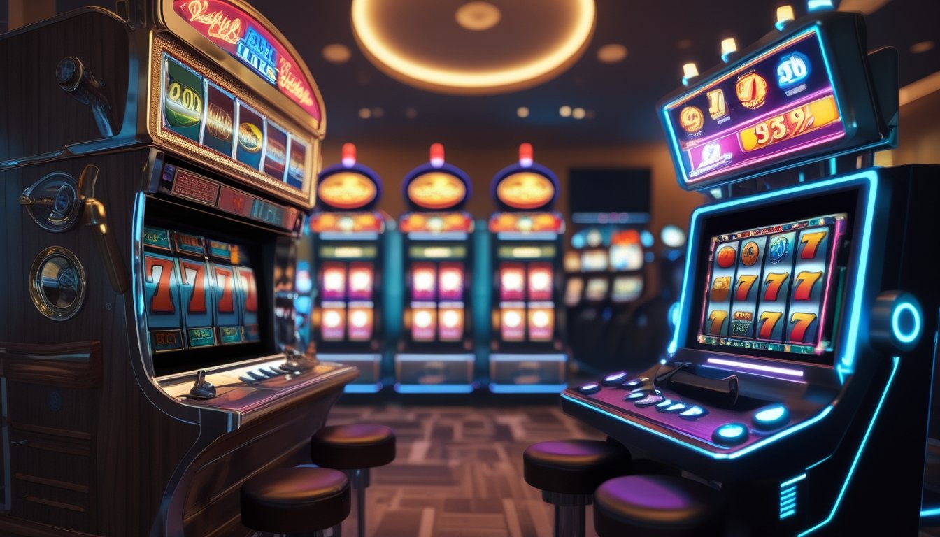 Perbandingan mesin slot klasik dengan mesin slot digital modern yang berdampingan, menunjukkan evolusi permainan slot online.