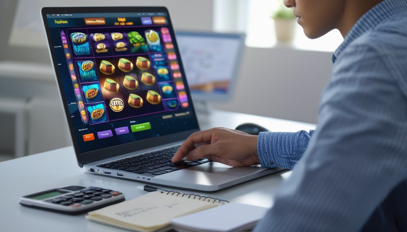 Seseorang duduk di meja dengan laptop menampilkan permainan slot online, di sampingnya terdapat buku catatan dan kalkulator, suasana ruang kerja yang rapi dan terang.