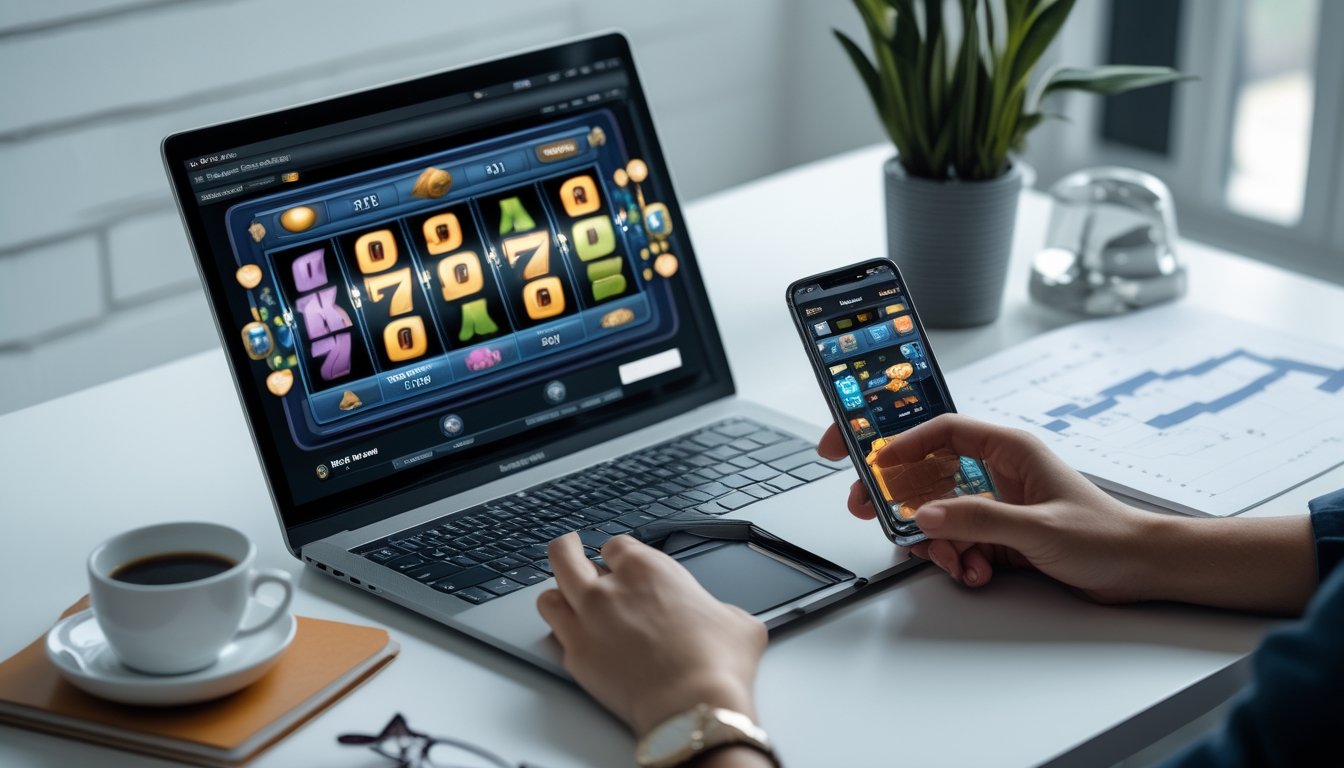 Seorang pria menggunakan laptop dan ponsel di meja kerja dengan tampilan permainan slot online dan grafik keuangan di layar.