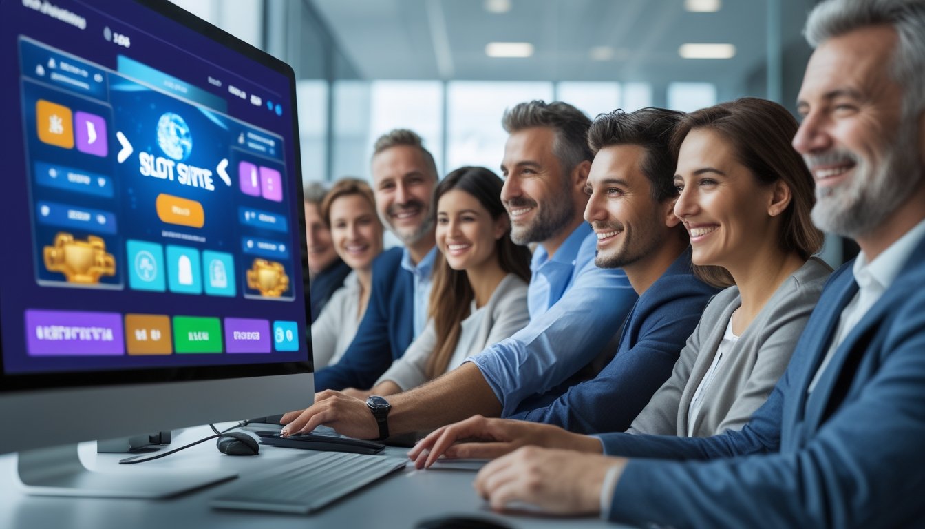 Orang-orang yang sedang bermain permainan slot online di layar komputer di lingkungan kantor modern dengan suasana ceria dan profesional.