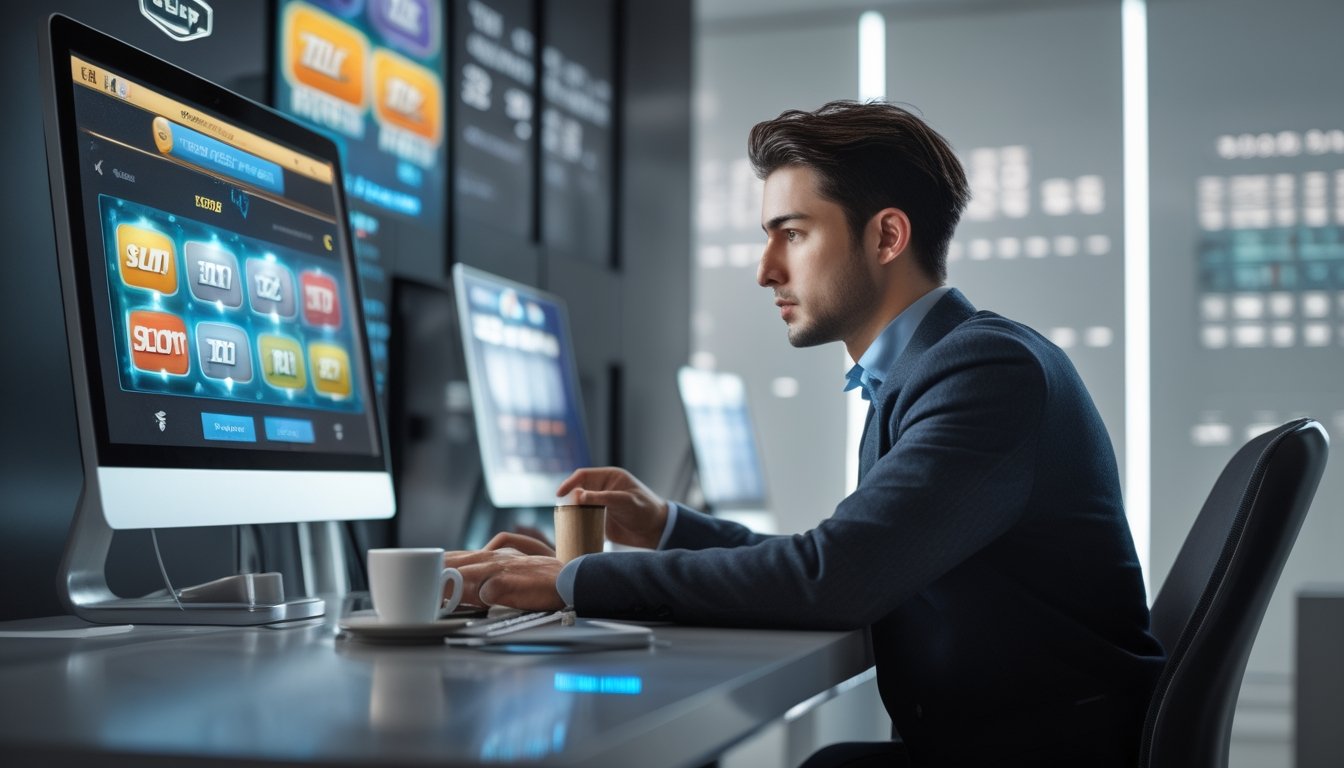 Seorang pria muda duduk di depan laptop sambil fokus bermain permainan slot online di sebuah ruangan modern.