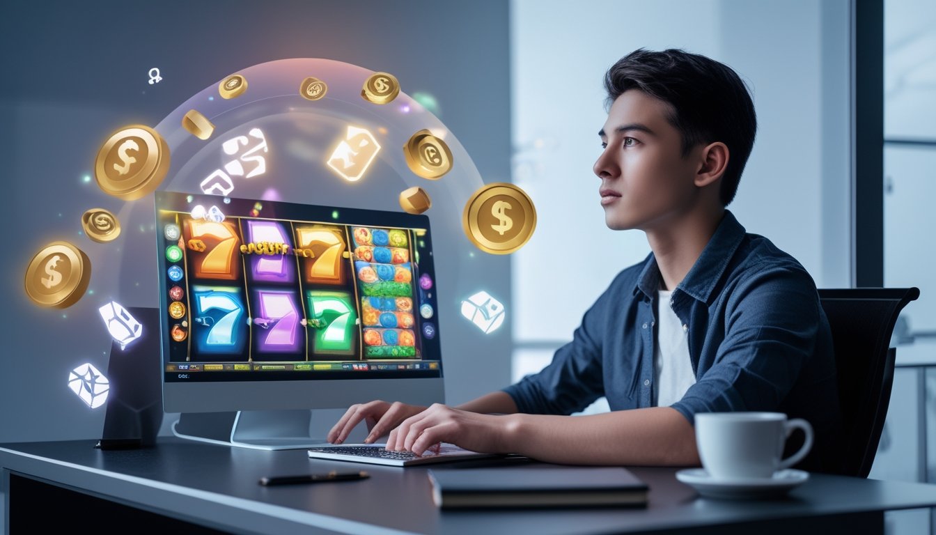 Seorang dewasa muda duduk di depan laptop yang menampilkan permainan slot online dengan latar ruangan minimalis dan pencahayaan lembut.