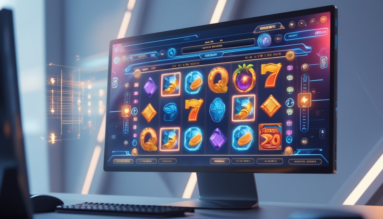 Tampilan antarmuka game slot online futuristik di layar komputer dengan simbol warna-warni dan efek digital di lingkungan gaming modern.