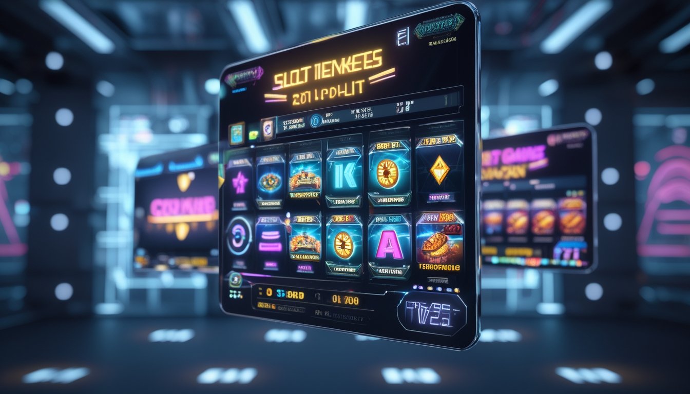 Beberapa layar digital futuristik menampilkan grafik permainan slot online yang berwarna-warni dan inovatif dalam suasana gelap dengan cahaya neon.
