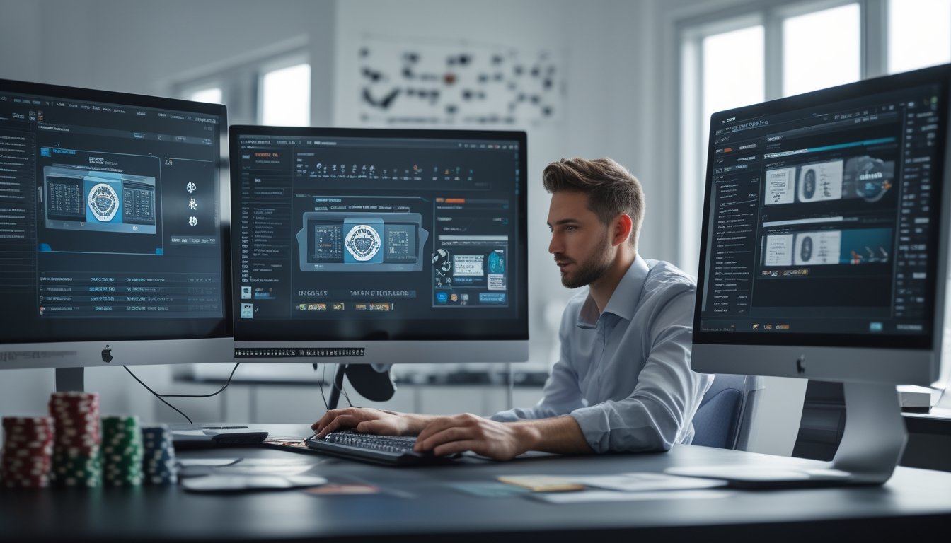 Seorang profesional sedang menganalisis data poker online di meja kerja dengan beberapa monitor komputer yang menampilkan grafik dan perangkat lunak poker terbaru.