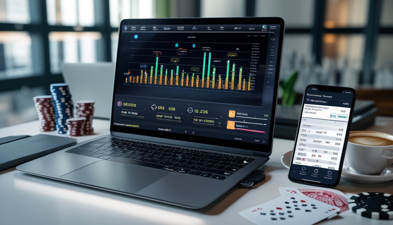 Seorang pemain poker online menggunakan laptop dengan tampilan HUD dan grafik statistik, di meja terdapat kartu poker dan chip.