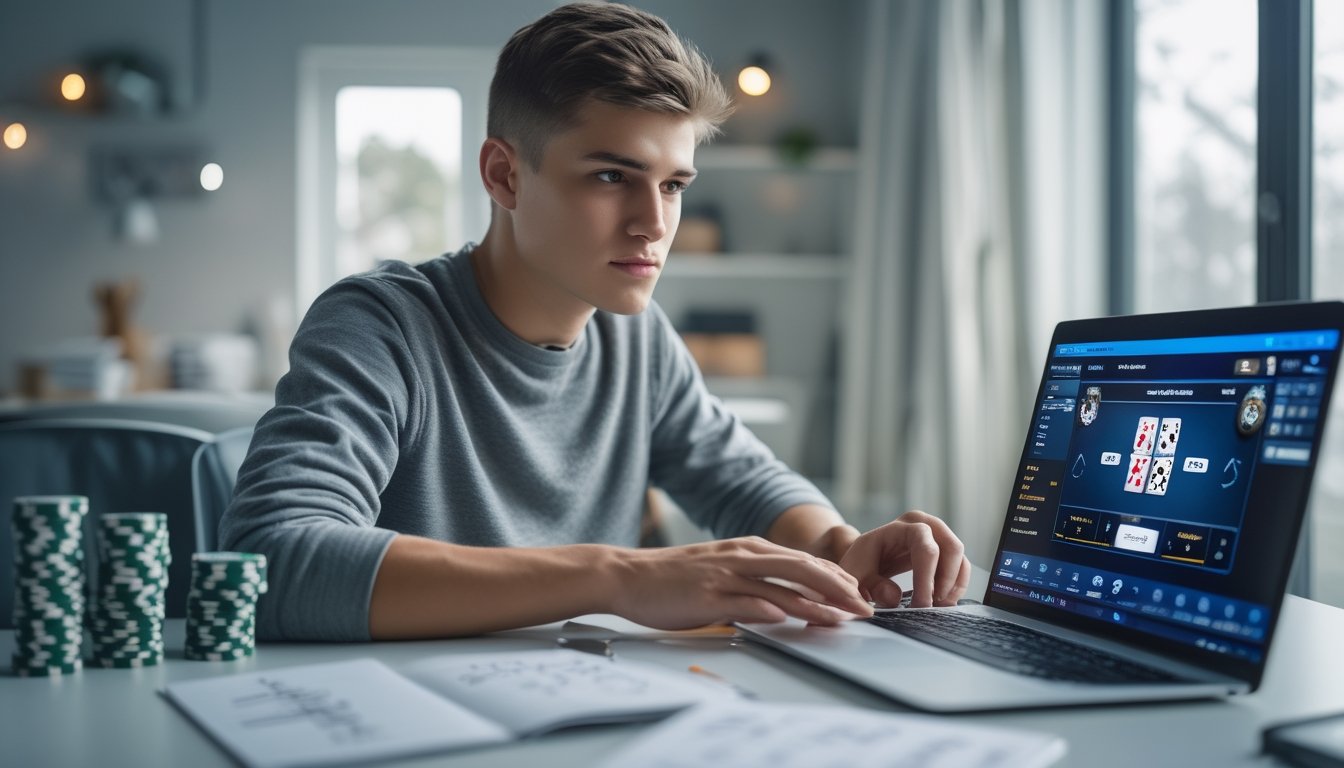 Seorang pemula sedang belajar bermain poker online di depan laptop dengan chip poker dan catatan strategi di meja.