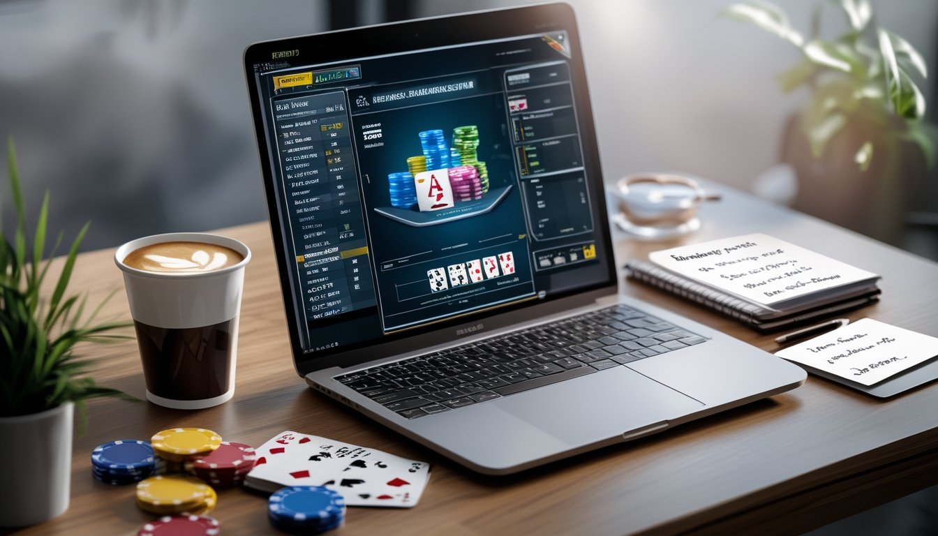 Meja kerja dengan laptop yang menampilkan permainan poker online, chip poker, kartu, kopi, dan catatan strategi bankroll.