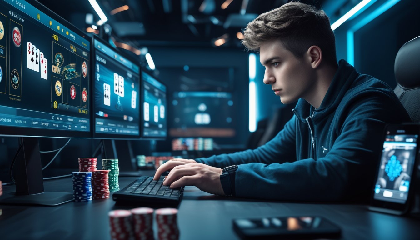 Seorang pria muda fokus bermain poker online di depan beberapa monitor dengan tumpukan chip poker di meja dan latar belakang ruangan modern.