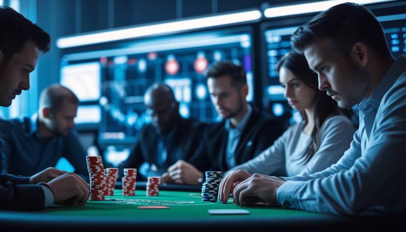 Beberapa pemain poker duduk mengelilingi meja poker dengan tumpukan chip dan kartu, fokus pada permainan online yang intens.