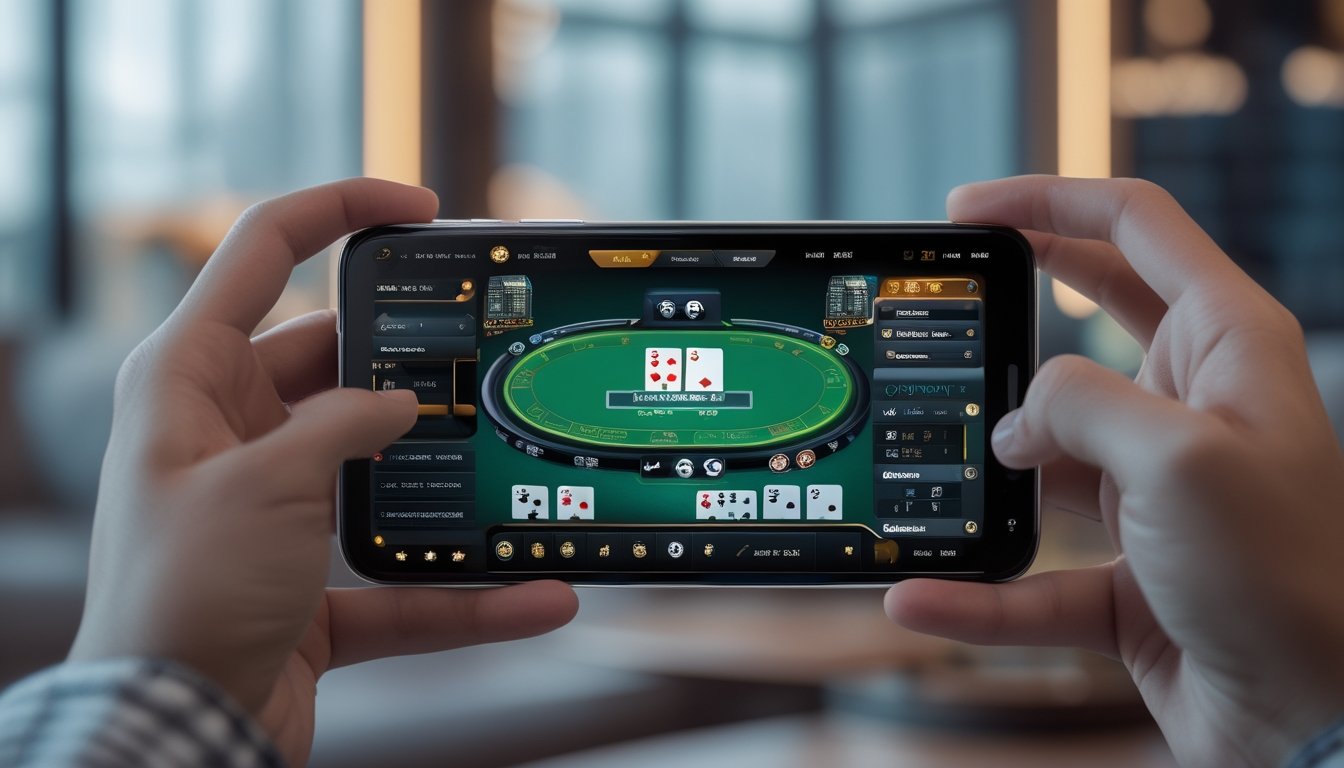 Tangan seseorang memegang ponsel dengan permainan poker online terlihat di layar dalam ruangan yang nyaman.