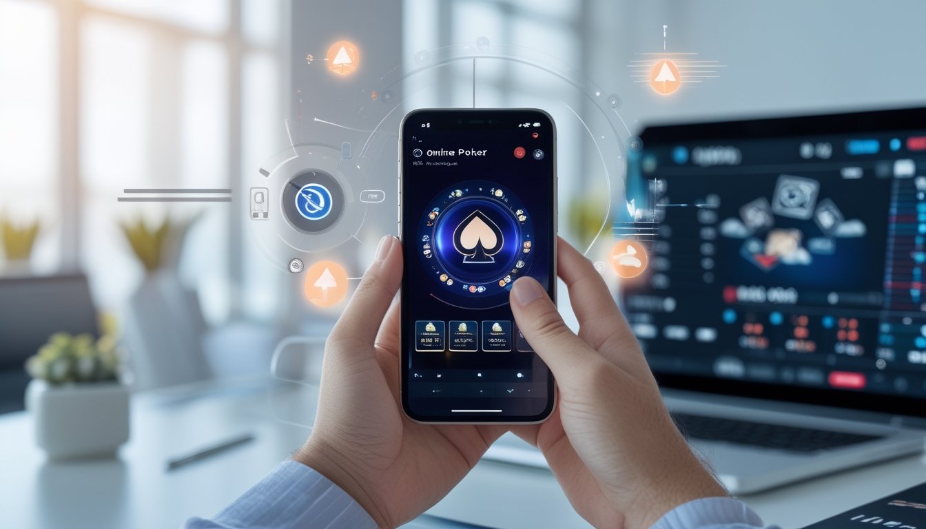 Seseorang memegang ponsel yang menampilkan aplikasi poker online dengan latar belakang ruang kerja modern dan peralatan teknologi.