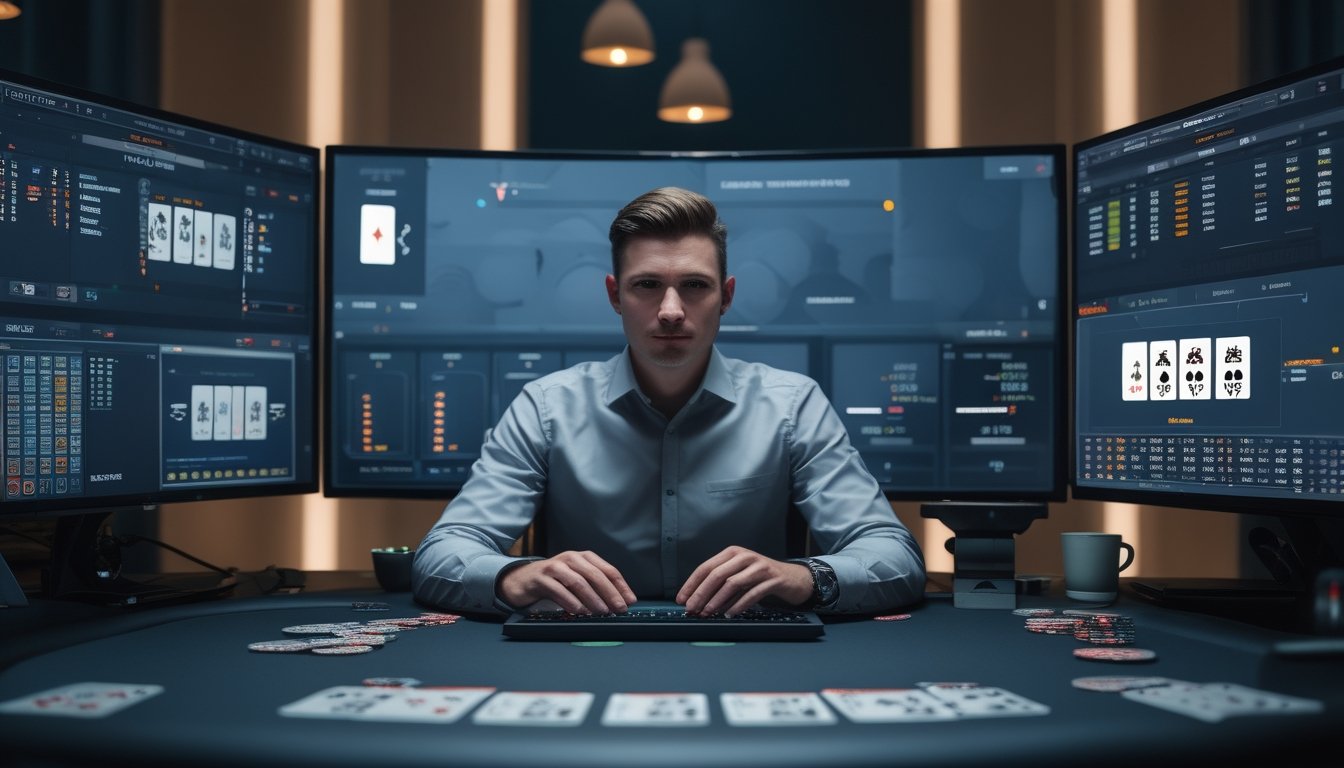 Seorang pemain poker profesional sedang fokus bermain poker online dengan beberapa layar komputer menampilkan tabel poker dan analisis tangan.