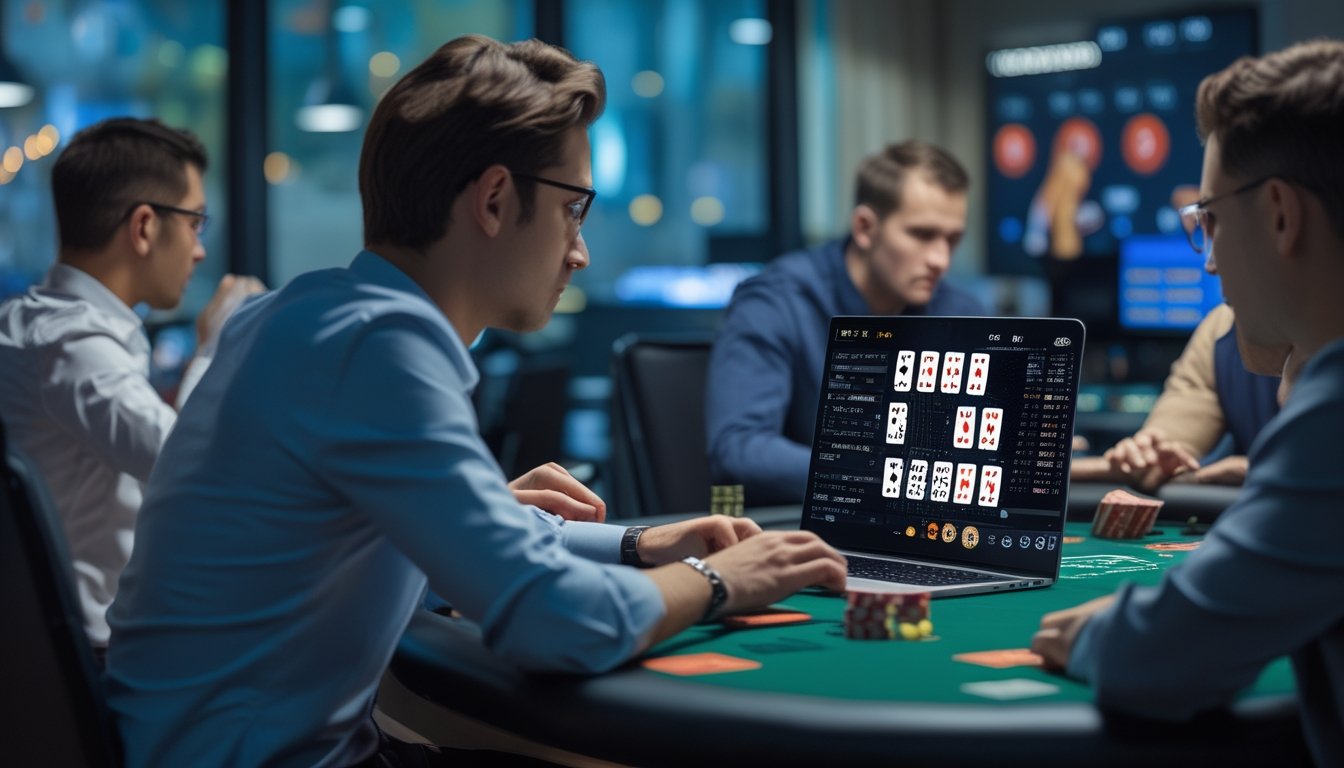 Beberapa pemain duduk di meja poker modern dengan laptop yang menampilkan kartu poker dan data statistik, fokus pada permainan poker online.
