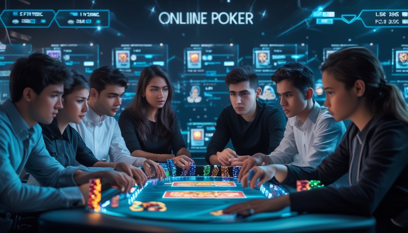 Sekelompok orang muda serius bermain poker online di meja digital dengan kartu dan chip holografik dalam suasana teknologi modern.