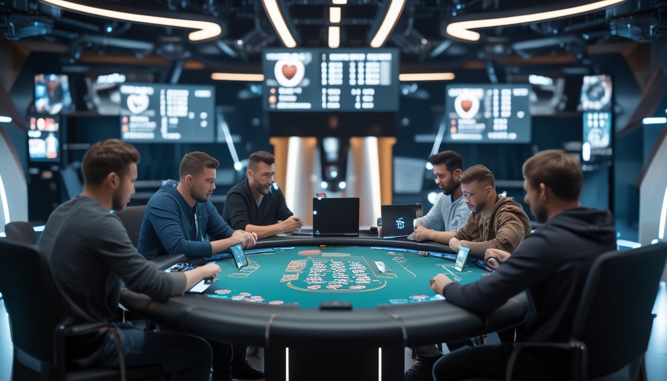 Sekelompok pemain poker sedang bermain turnamen online di meja digital dengan layar dan chip virtual di ruangan modern.