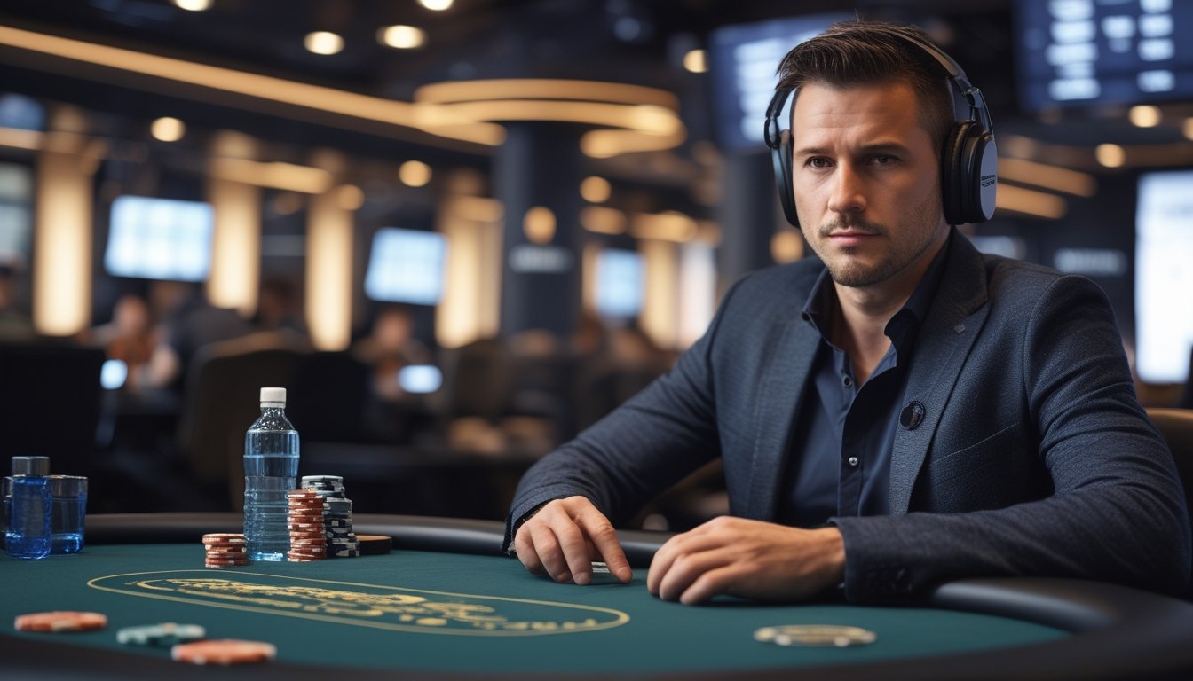 Seorang pemain poker fokus duduk di meja high-stakes dengan tumpukan chip, suasana ruangan poker modern dengan layar digital di latar belakang.