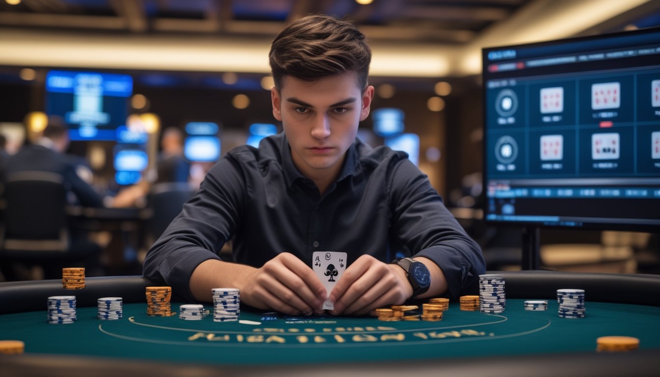Seorang pemain poker fokus duduk di meja poker dengan kartu dan chip, menunjukkan pengendalian emosi saat bermain di kasino modern.