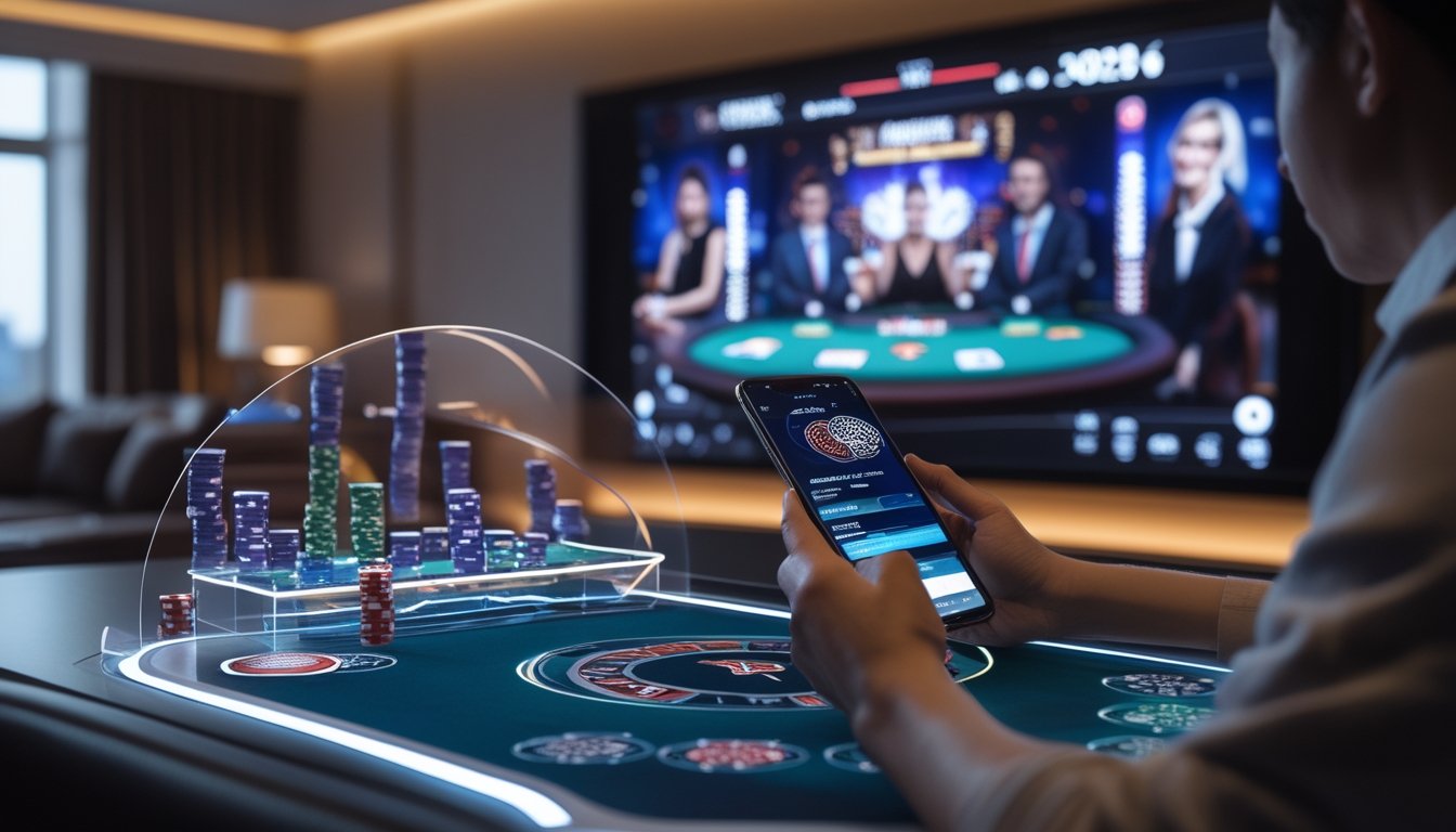 Seseorang bermain poker online menggunakan ponsel dengan latar belakang meja poker holografik dan layar kasino langsung.