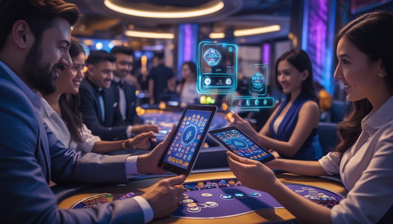 Beberapa orang bermain poker dengan perangkat digital di depan meja poker langsung di kasino.