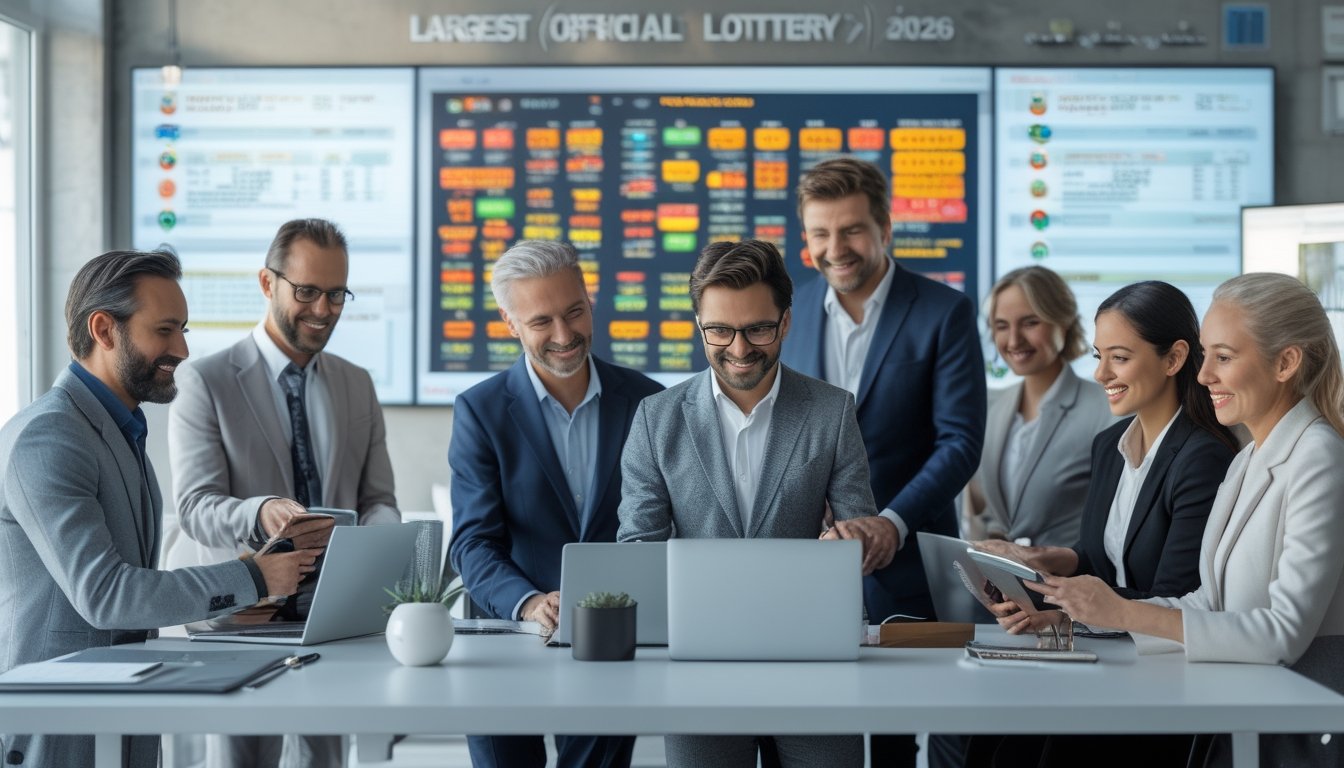 Orang-orang sedang menggunakan perangkat digital di kantor modern dengan layar besar menampilkan grafik dan angka terkait pasar togel dan hadiah.