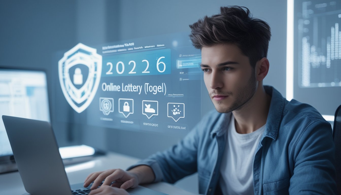 Seseorang menggunakan laptop di ruang kerja modern dengan tampilan keamanan digital di layar, menunjukkan konsep keamanan dalam memilih bandar togel online.