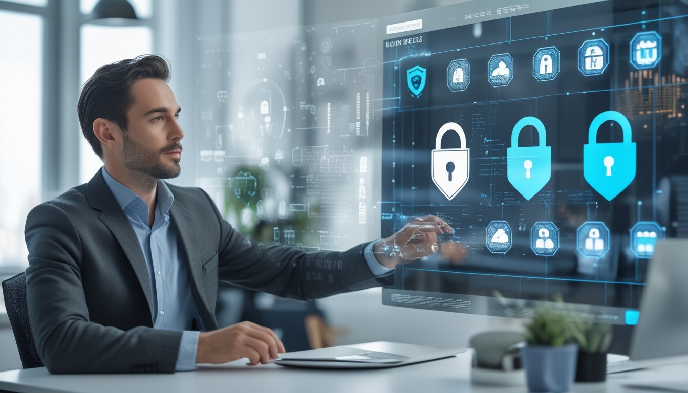 Seorang profesional berinteraksi dengan antarmuka digital yang menampilkan ikon keamanan data di lingkungan kantor modern.