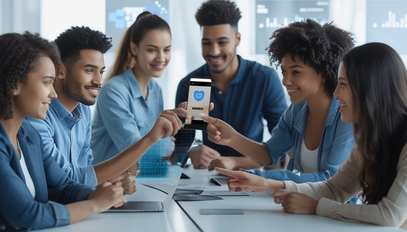 Sekelompok orang muda sedang menggunakan ponsel untuk mendaftar akun online dengan dompet elektronik di kantor modern.