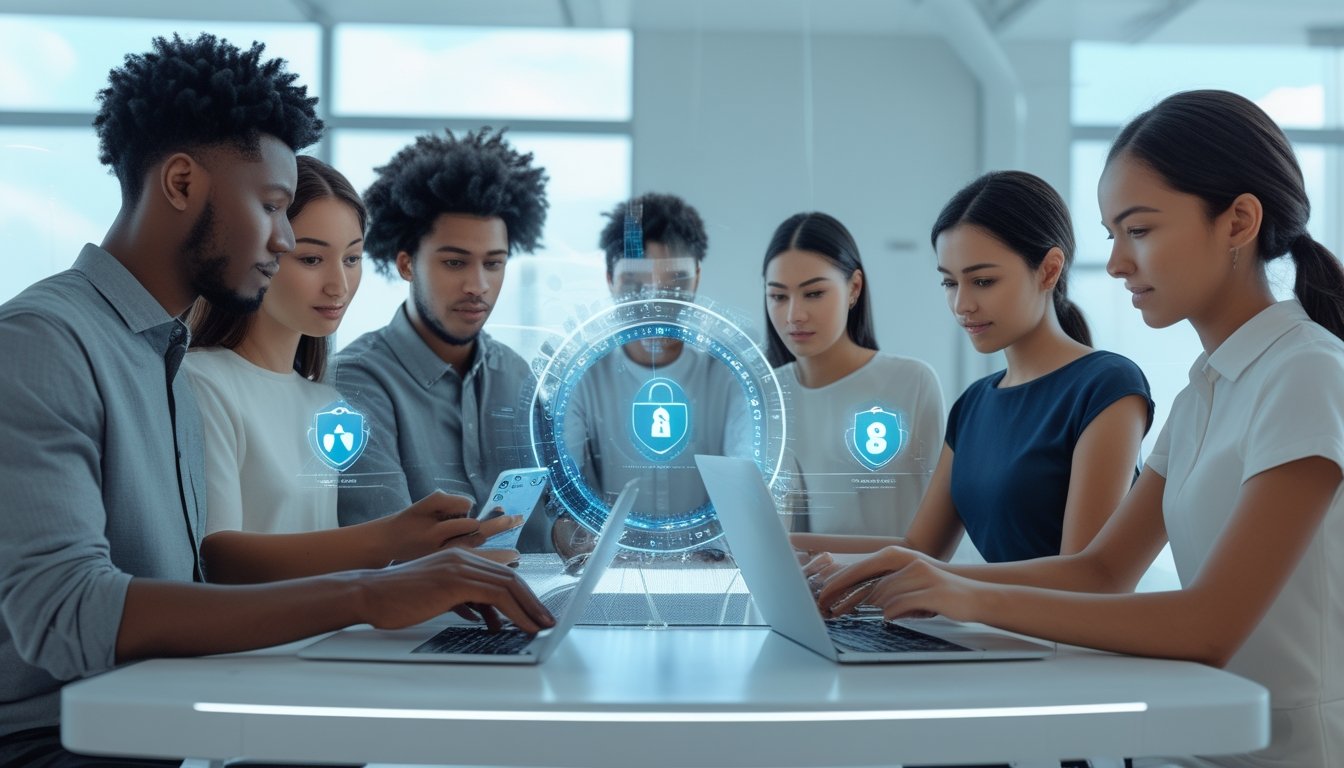 Beberapa orang muda menggunakan perangkat digital di ruang kantor modern, menunjukkan aktivitas transaksi dan keamanan akun secara online.